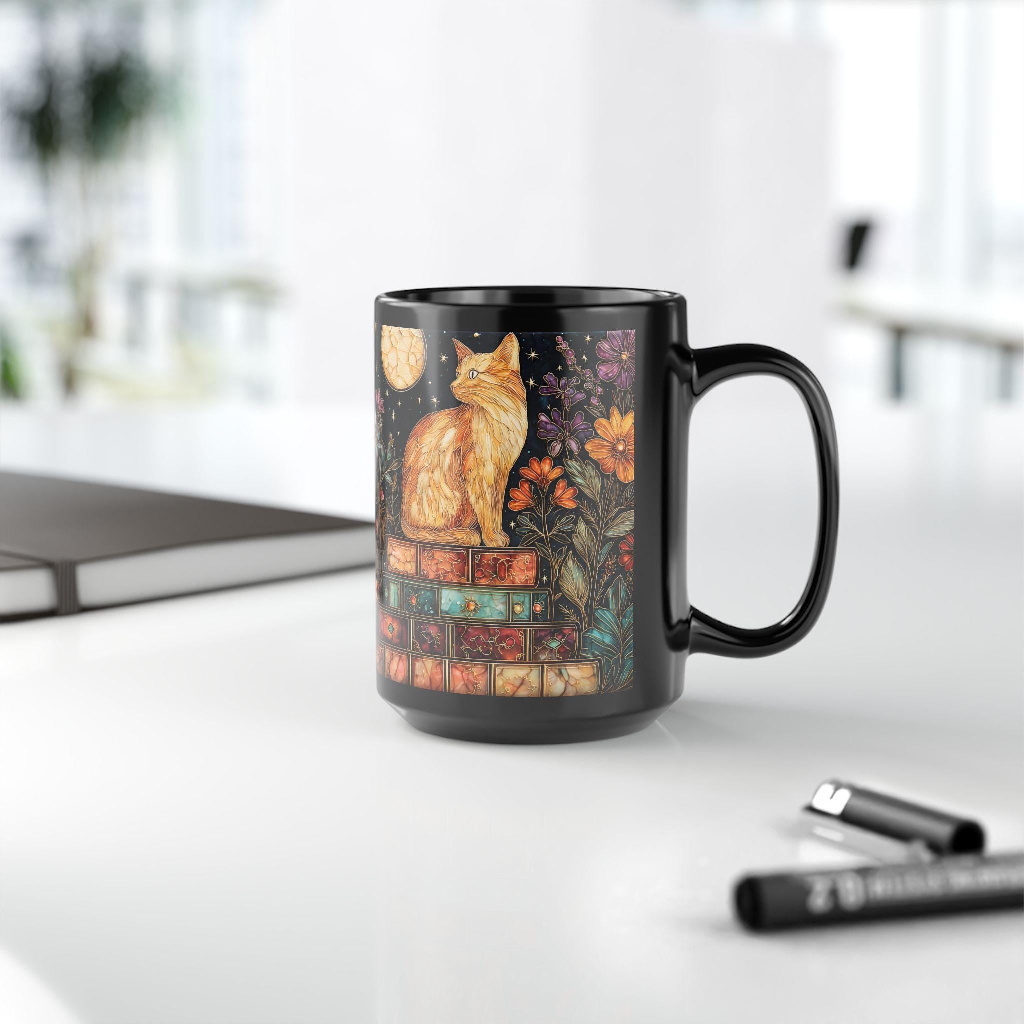 Bookshelf Cat Stained Glass Style Ceramic Mug