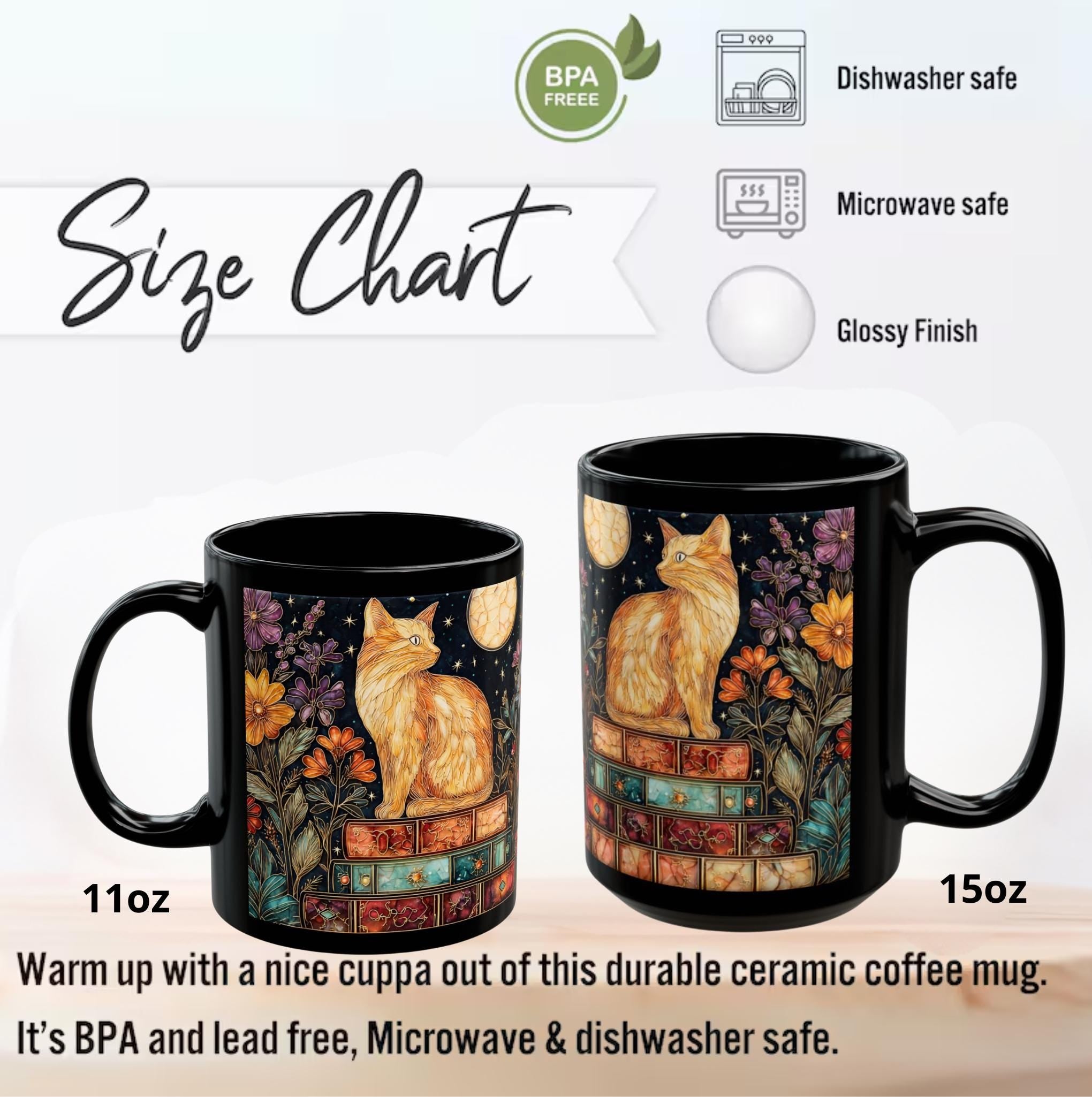 Bookshelf Cat Stained Glass Style Ceramic Mug