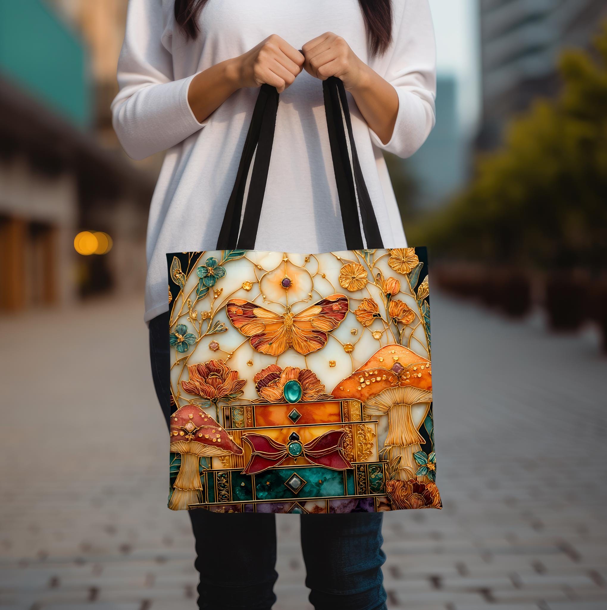 LELORESTORE Cottagecore Floral Tote Bag Moth and Mushroom Design