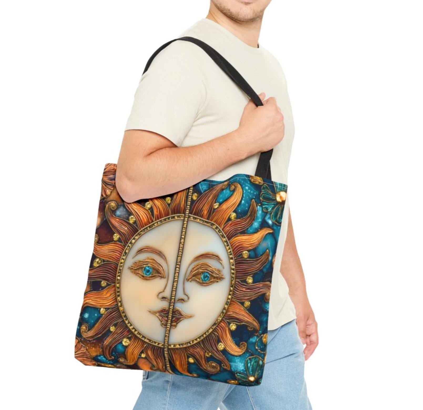 Celestial Sun & Moon Tote Bag, Stained Glass Effect, Cosmic Boho