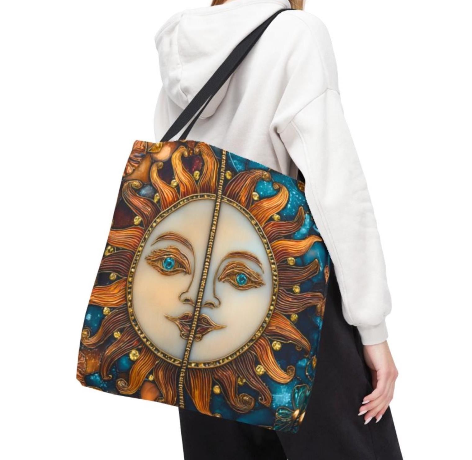 Celestial Sun & Moon Tote Bag, Stained Glass Effect, Cosmic Boho