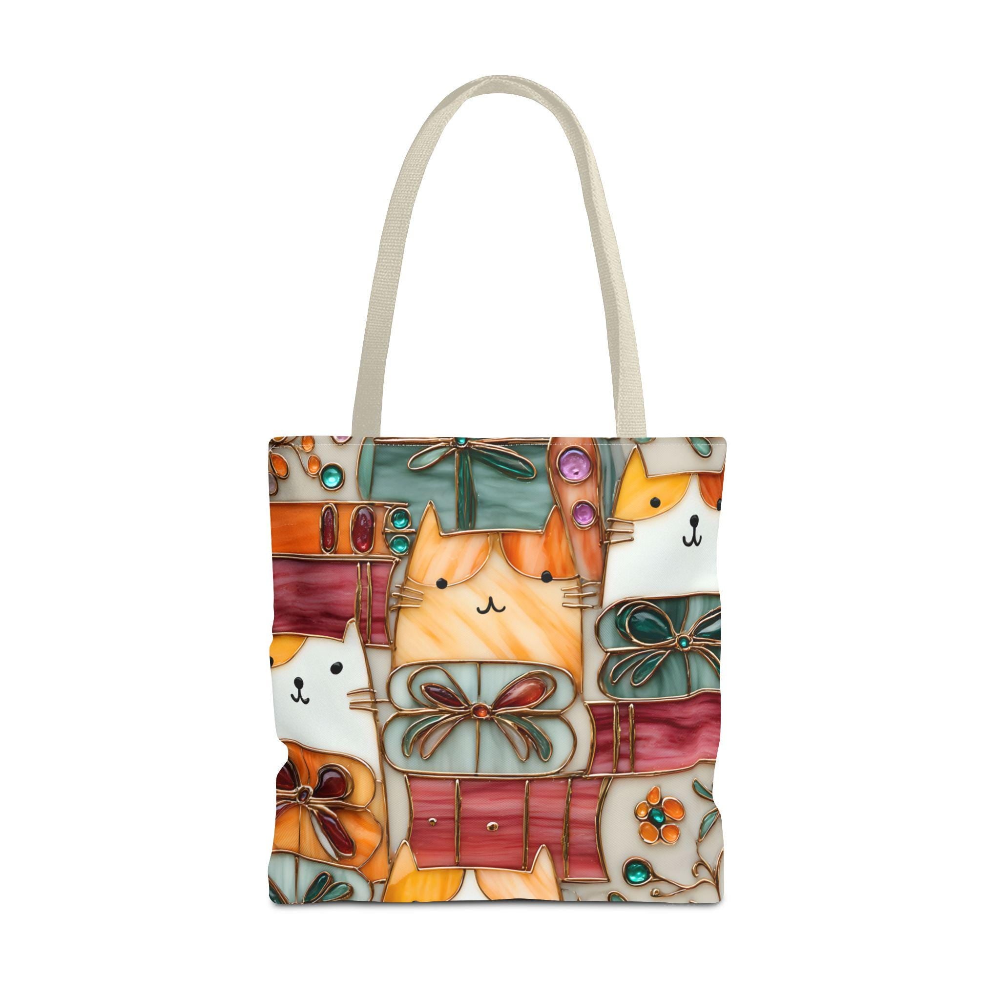 Stained Glass Look Cat Tote Bag, Literary Book Lover Gift