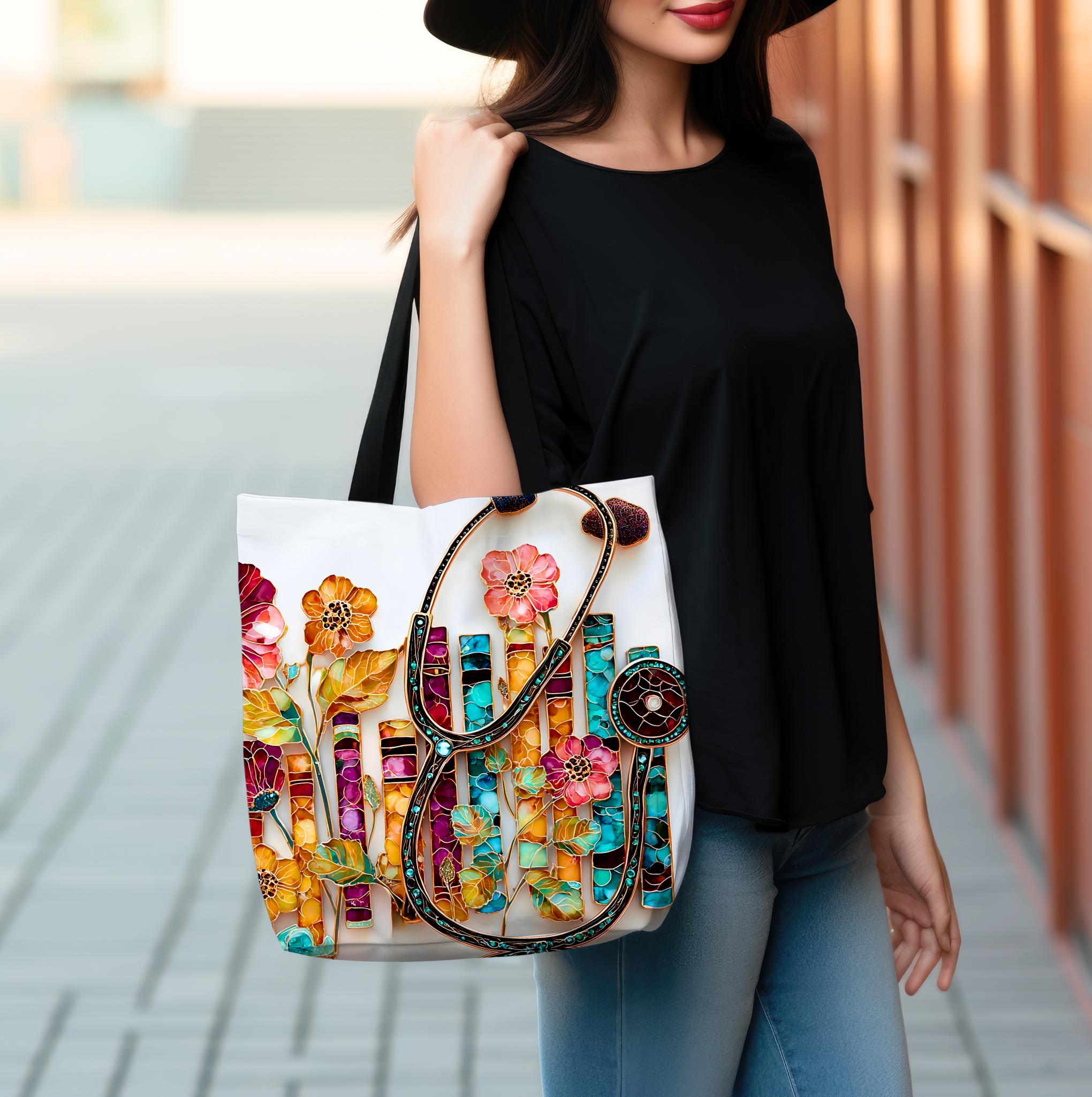 LELORESTORE Floral Bookshelf Tote Bag Boho Stained Glass Literary Gift