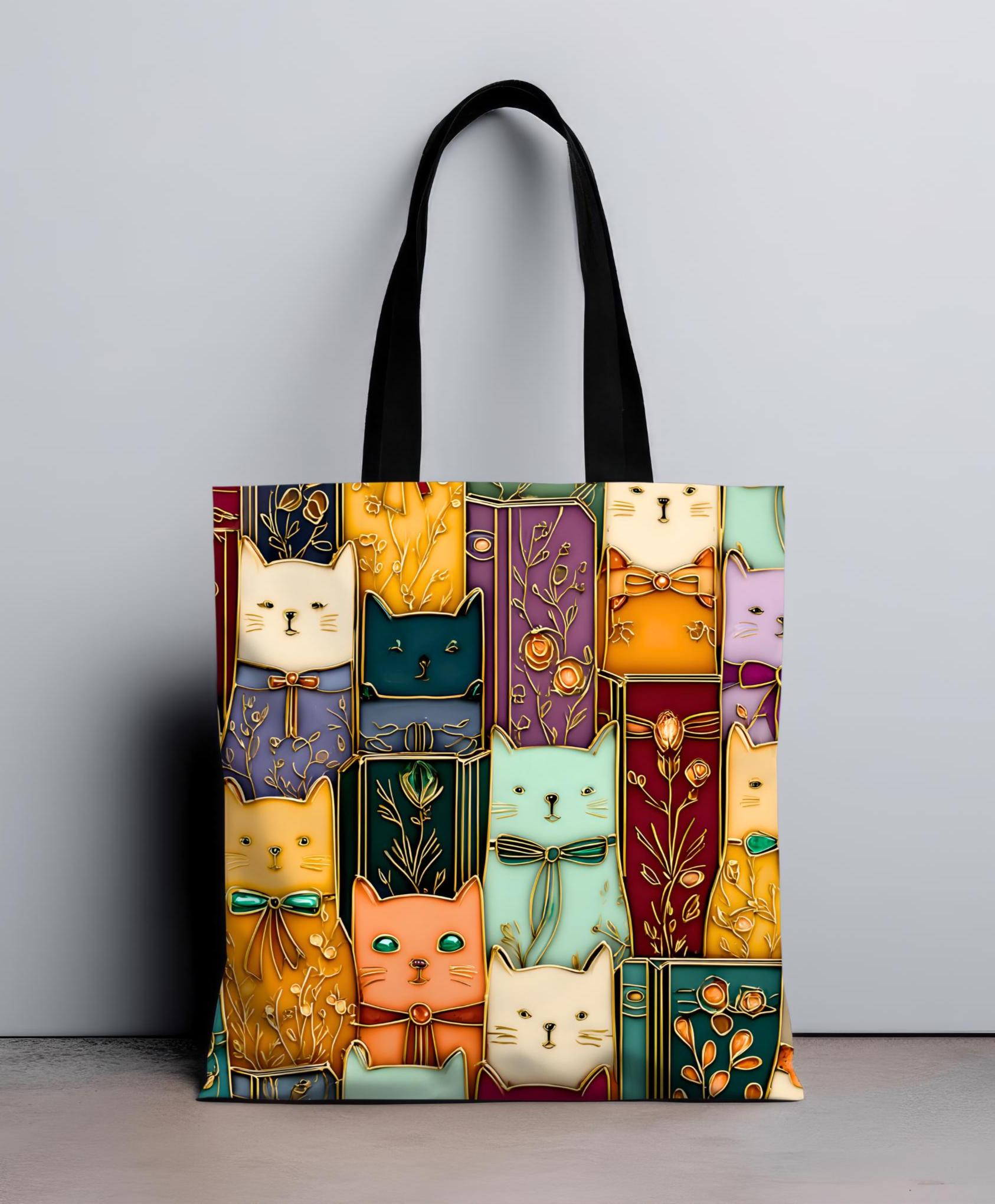 LELORESTORE Stained Glass Cat Tote Bag Book Lover Canvas