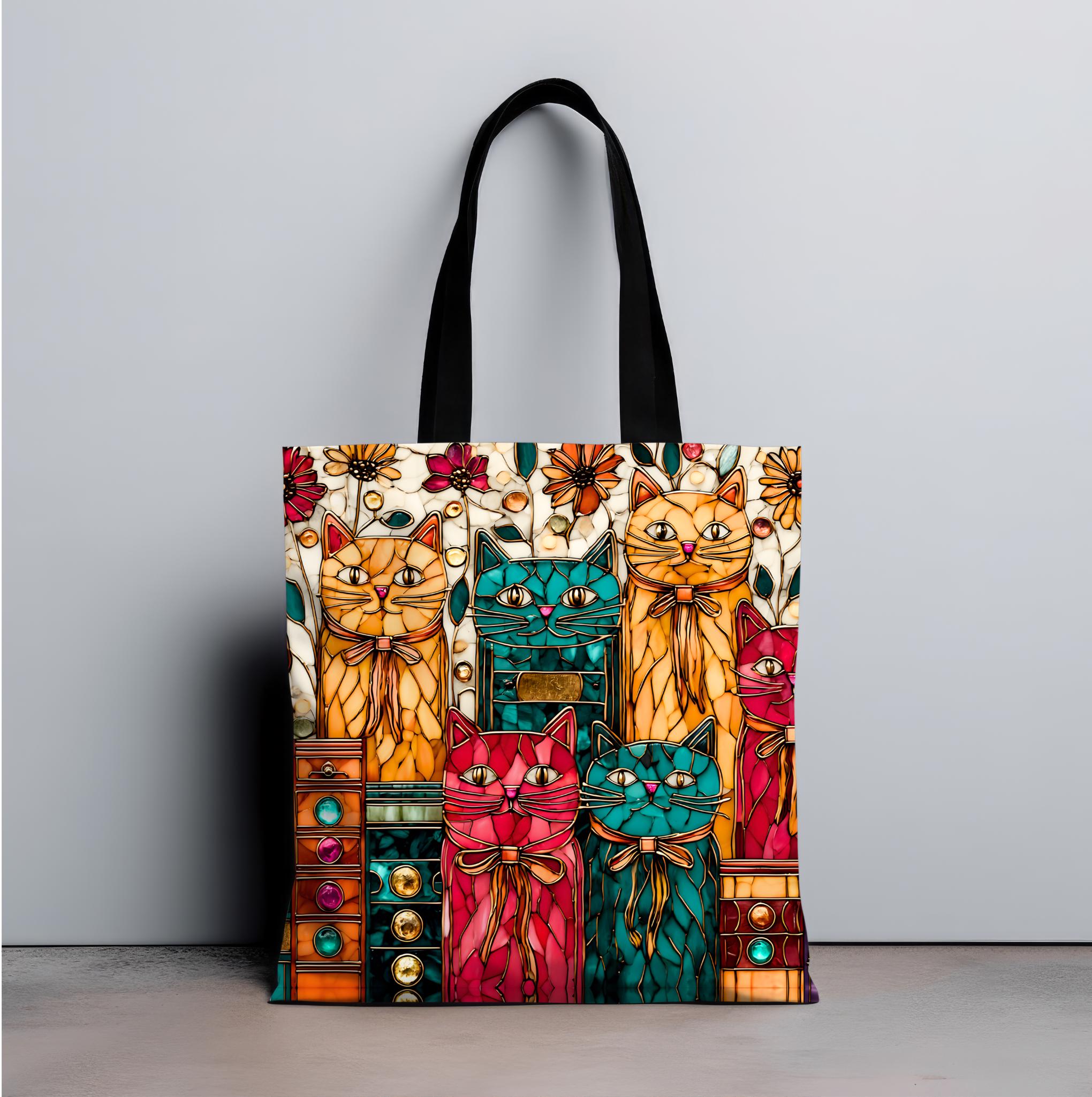 Whimsical Cat Stained Glass Inspired Canvas Tote Bag for Book Lovers