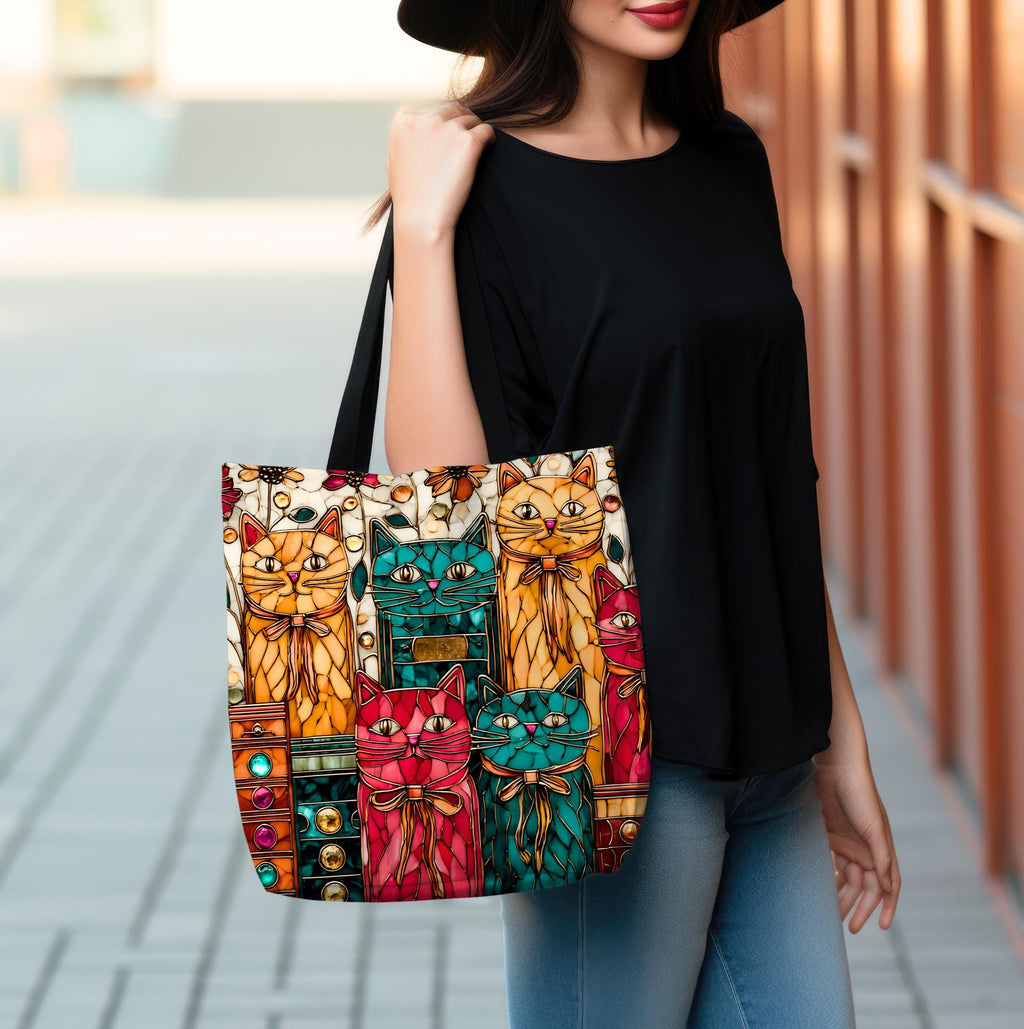 Whimsical Cat Stained Glass Inspired Canvas Tote Bag for Book Lovers