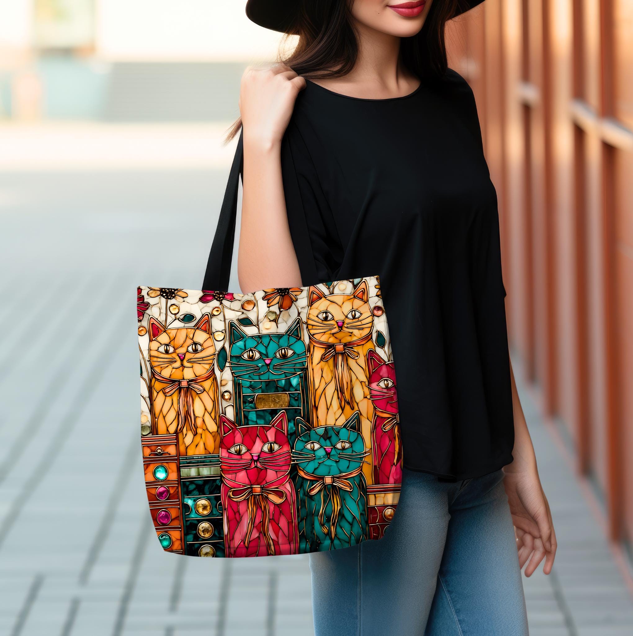 Whimsical Cat Stained Glass Inspired Canvas Tote Bag for Book Lovers