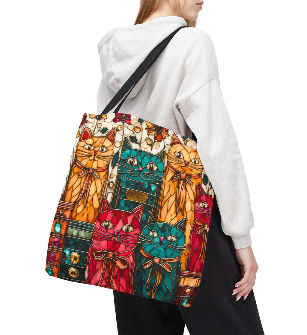 Whimsical Cat Stained Glass Inspired Canvas Tote Bag for Book Lovers