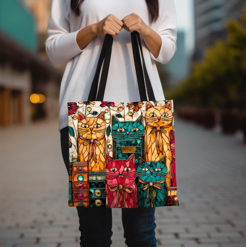 Whimsical Cat Stained Glass Inspired Canvas Tote Bag for Book Lovers