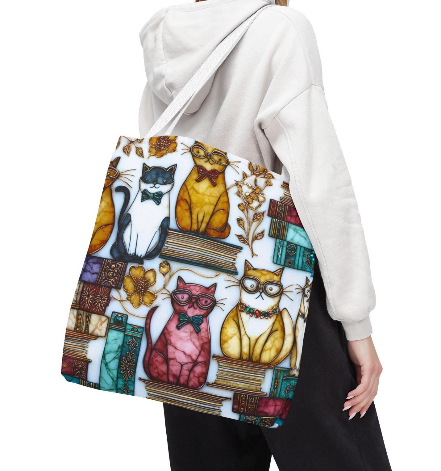 LELORESTORE Feline Stained Glass Look Canvas Tote Bag Bookish Gift