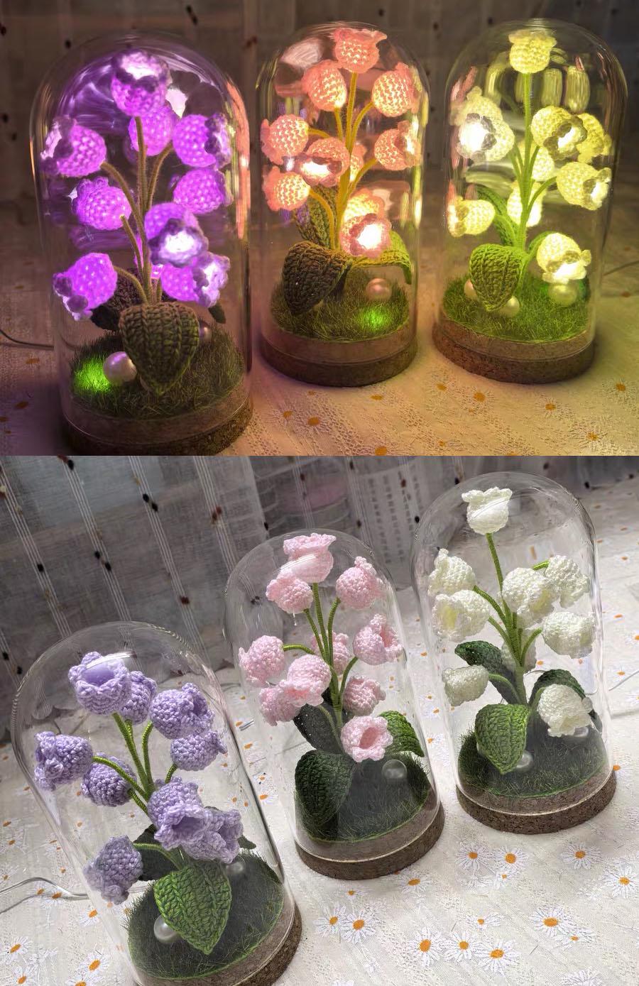 CrochetRecipe Handmade Lily of the Valley Potted Plant LED Lamp 8in White