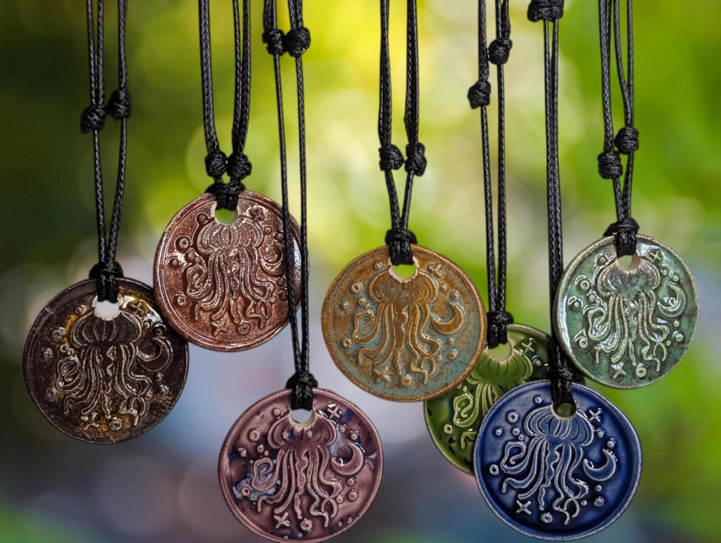 NoctemPottery Jellyfish Ceramic Wax Seal Pendant Adjustable Cord Necklace