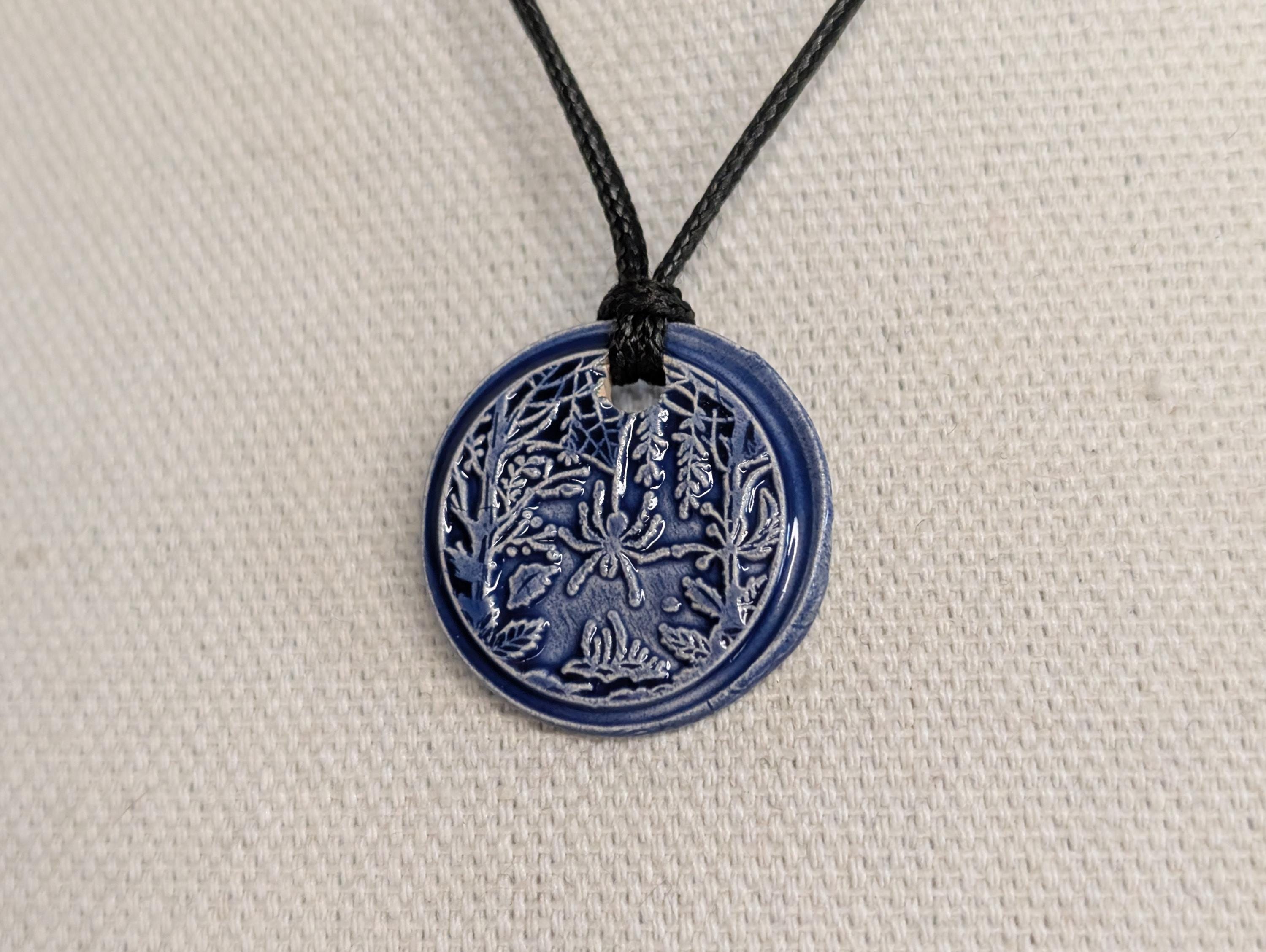 NoctemPottery Hanging Botanical Spiderweb Ceramic Wax Seal Pendant Necklace