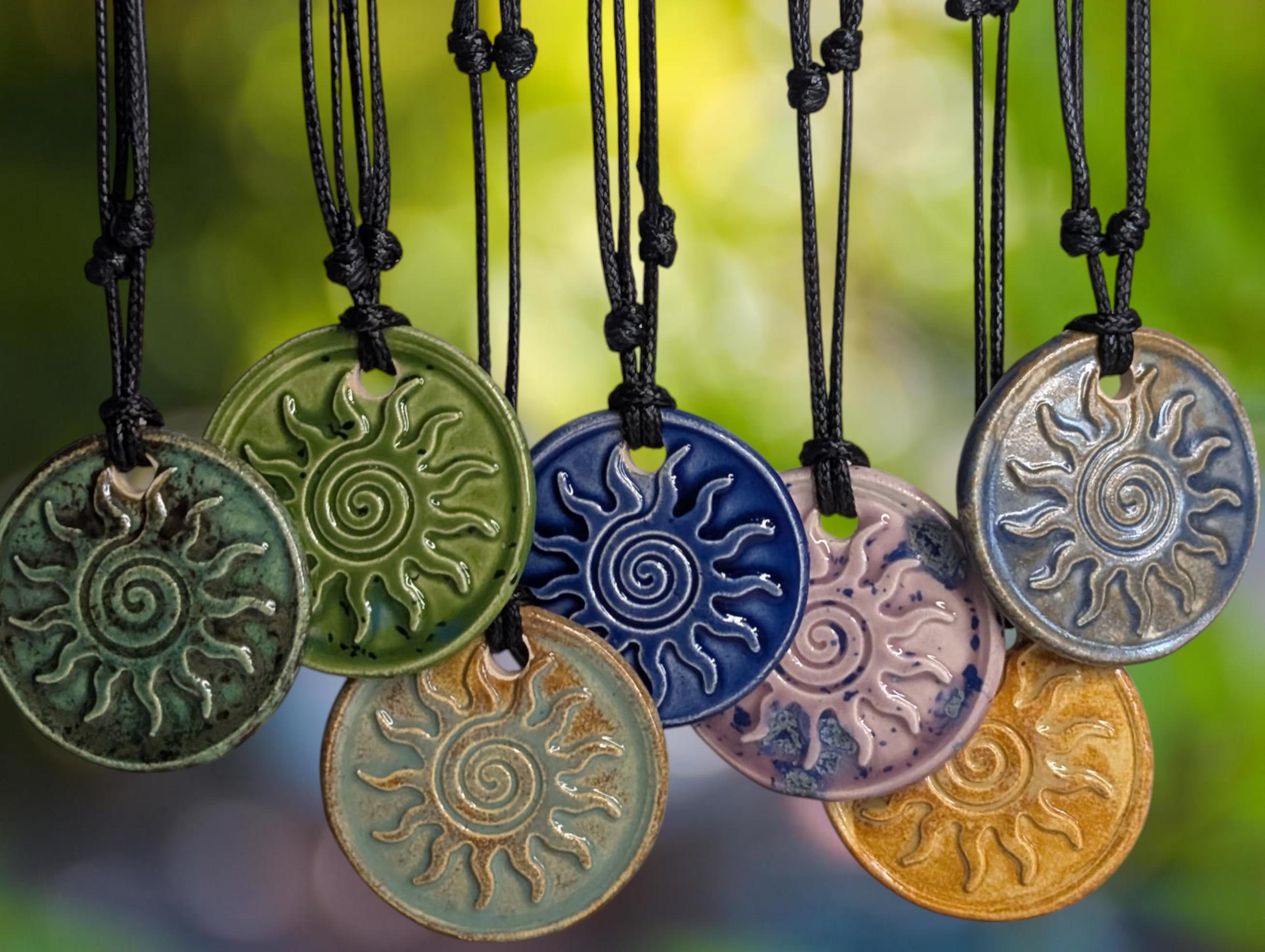 NoctemPottery Swirl Sun Ceramic Wax Seal Pendant Adjustable Cord Necklace