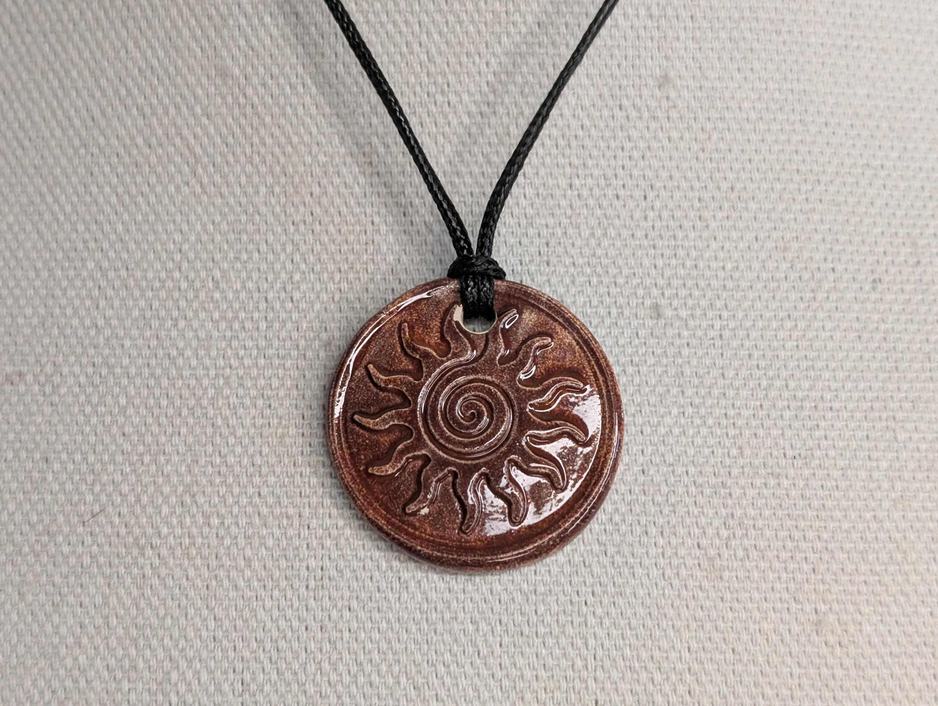 NoctemPottery Swirl Sun Ceramic Wax Seal Pendant Adjustable Cord Necklace