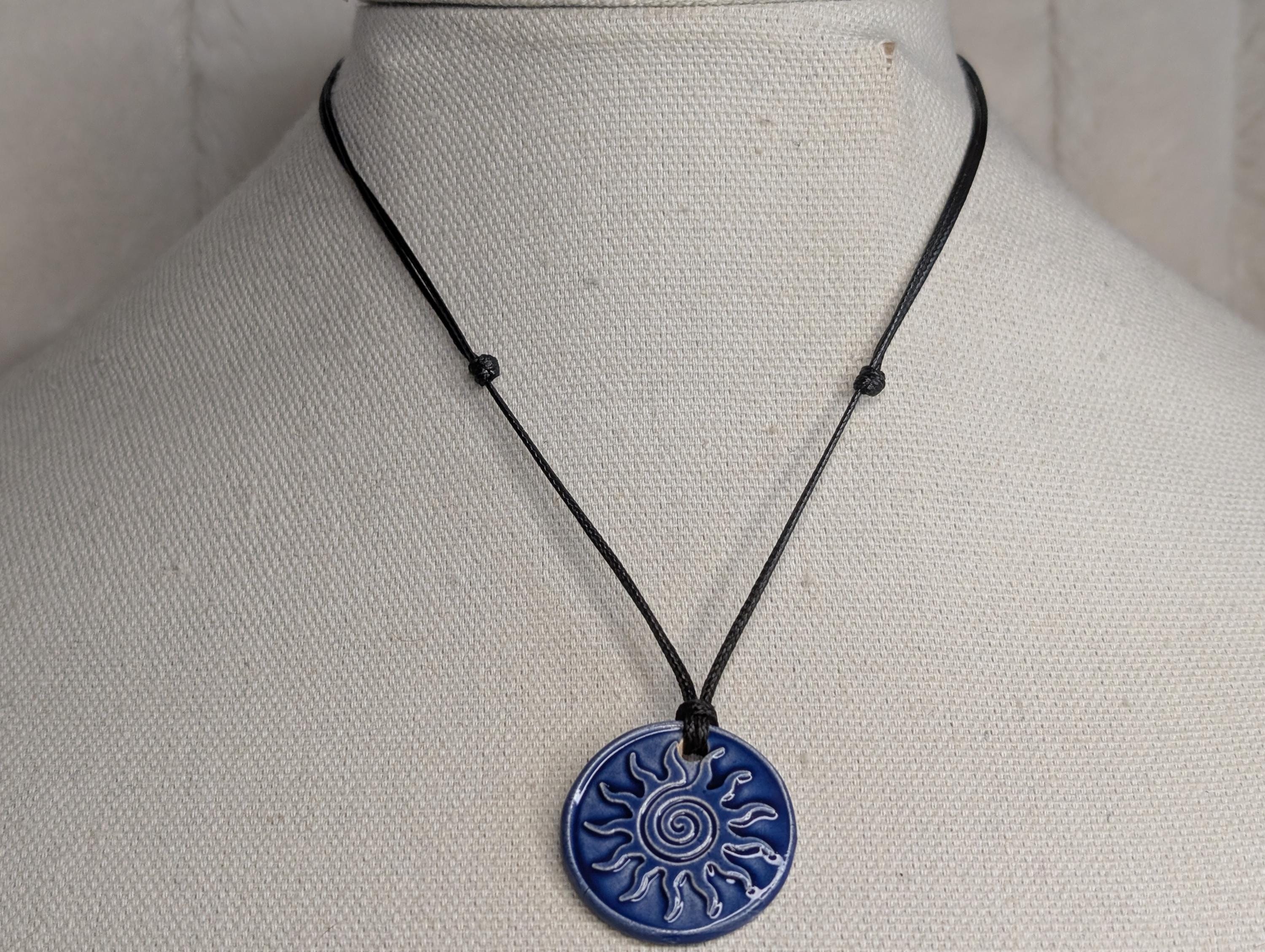 NoctemPottery Swirl Sun Ceramic Wax Seal Pendant Adjustable Cord Necklace