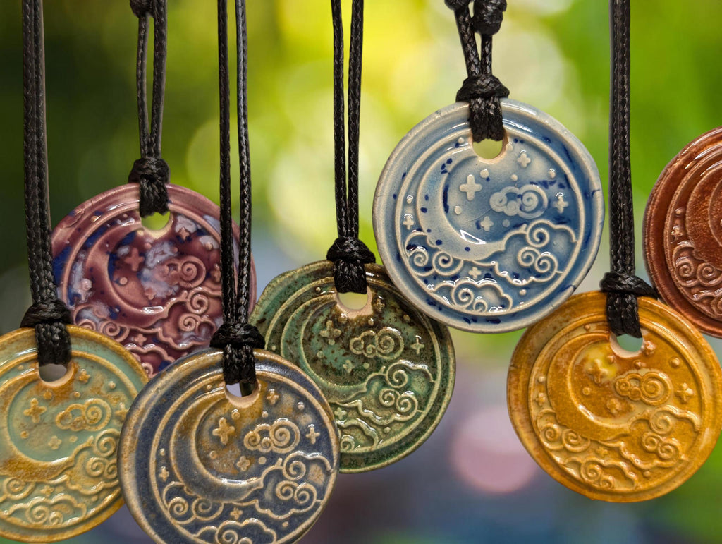 NoctemPottery Crescent Moon and Clouds Ceramic Pendant Necklace