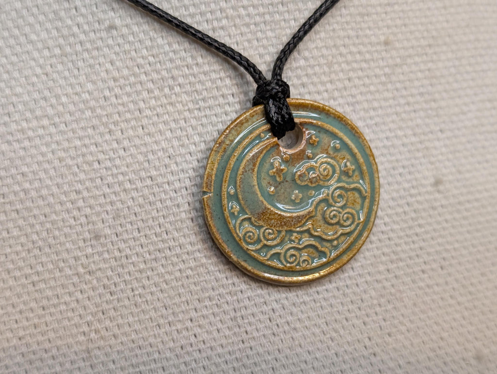 NoctemPottery Crescent Moon and Clouds Ceramic Pendant Necklace