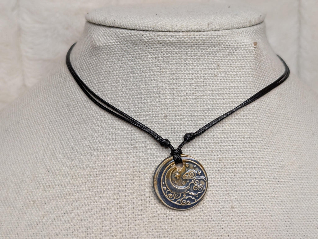 NoctemPottery Crescent Moon and Clouds Ceramic Pendant Necklace