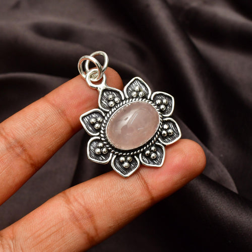 EkkJewels Rose Quartz 925 Sterling Silver Handmade Gemstone Pendant 5cm