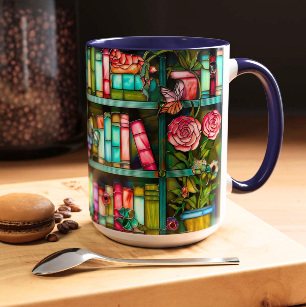 LELORESTORE Floral Bookshelf Faux Stained Glass Ceramic Mug Bookish Gift