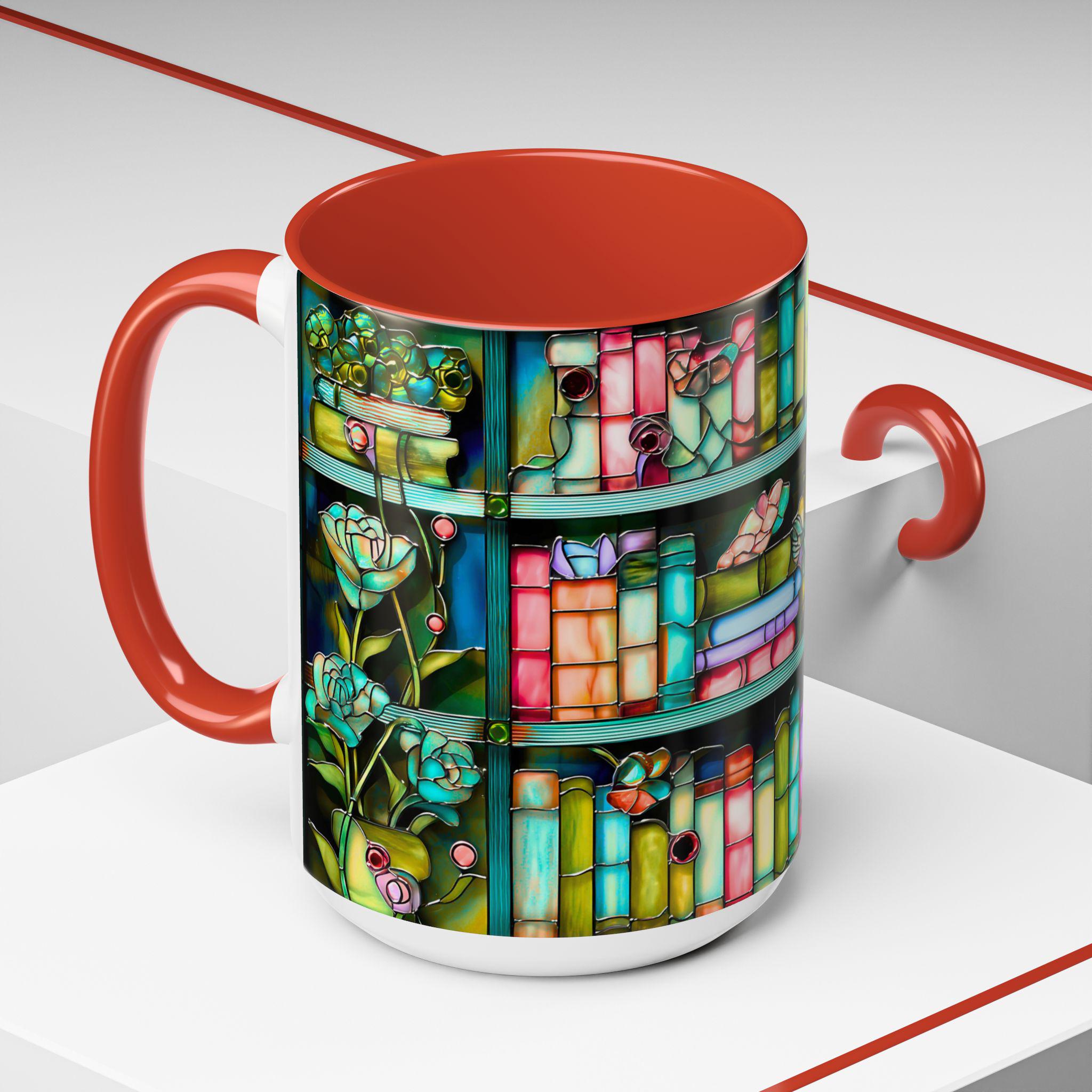 LELORESTORE Floral Bookshelf Faux Stained Glass Ceramic Mug Bookish Gift