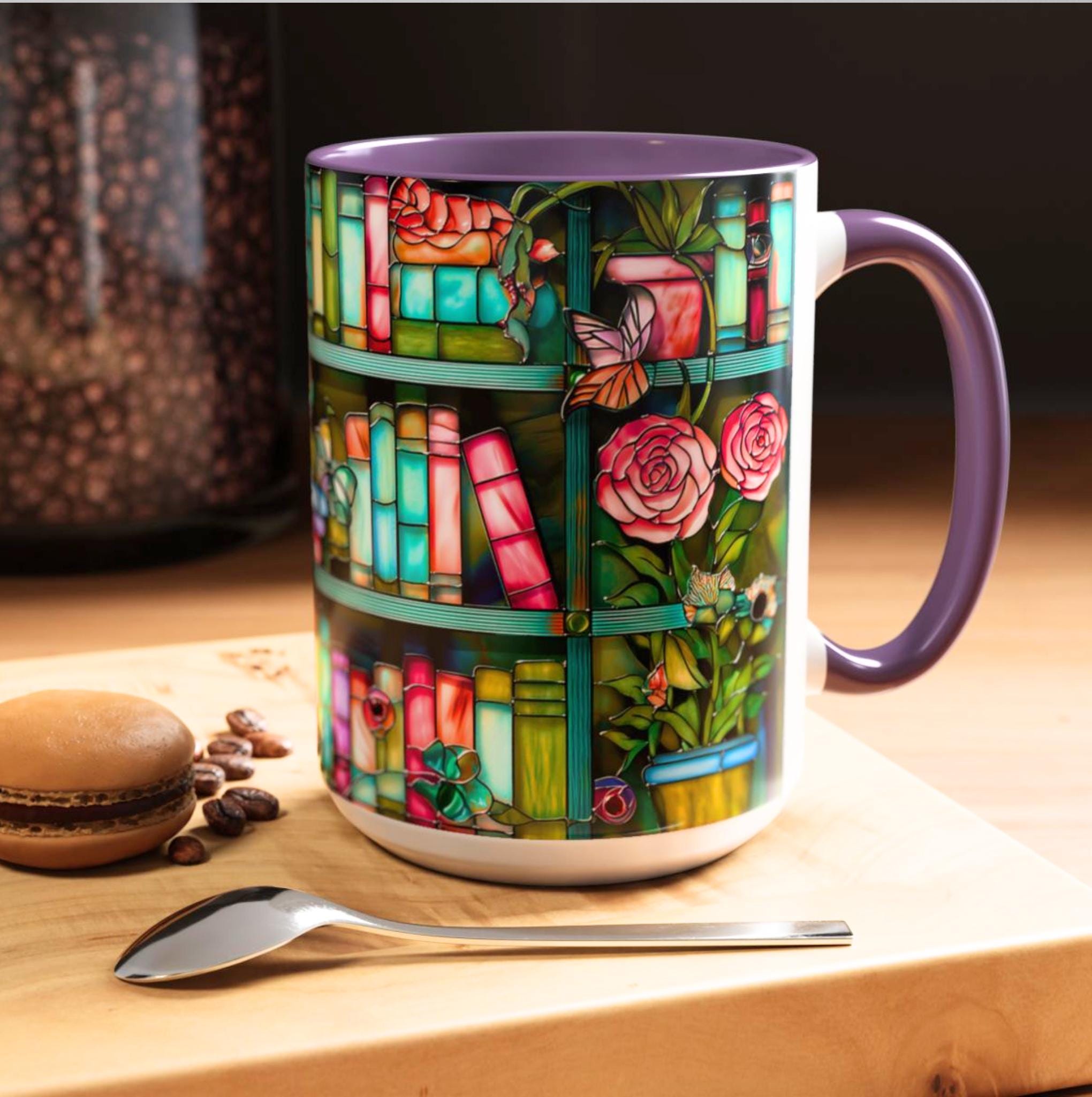 LELORESTORE Floral Bookshelf Faux Stained Glass Ceramic Mug Bookish Gift