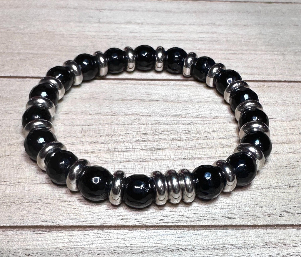 MossberryandStone Mens Onyx Stretch Bracelet 10mm Micro-Faceted Beads