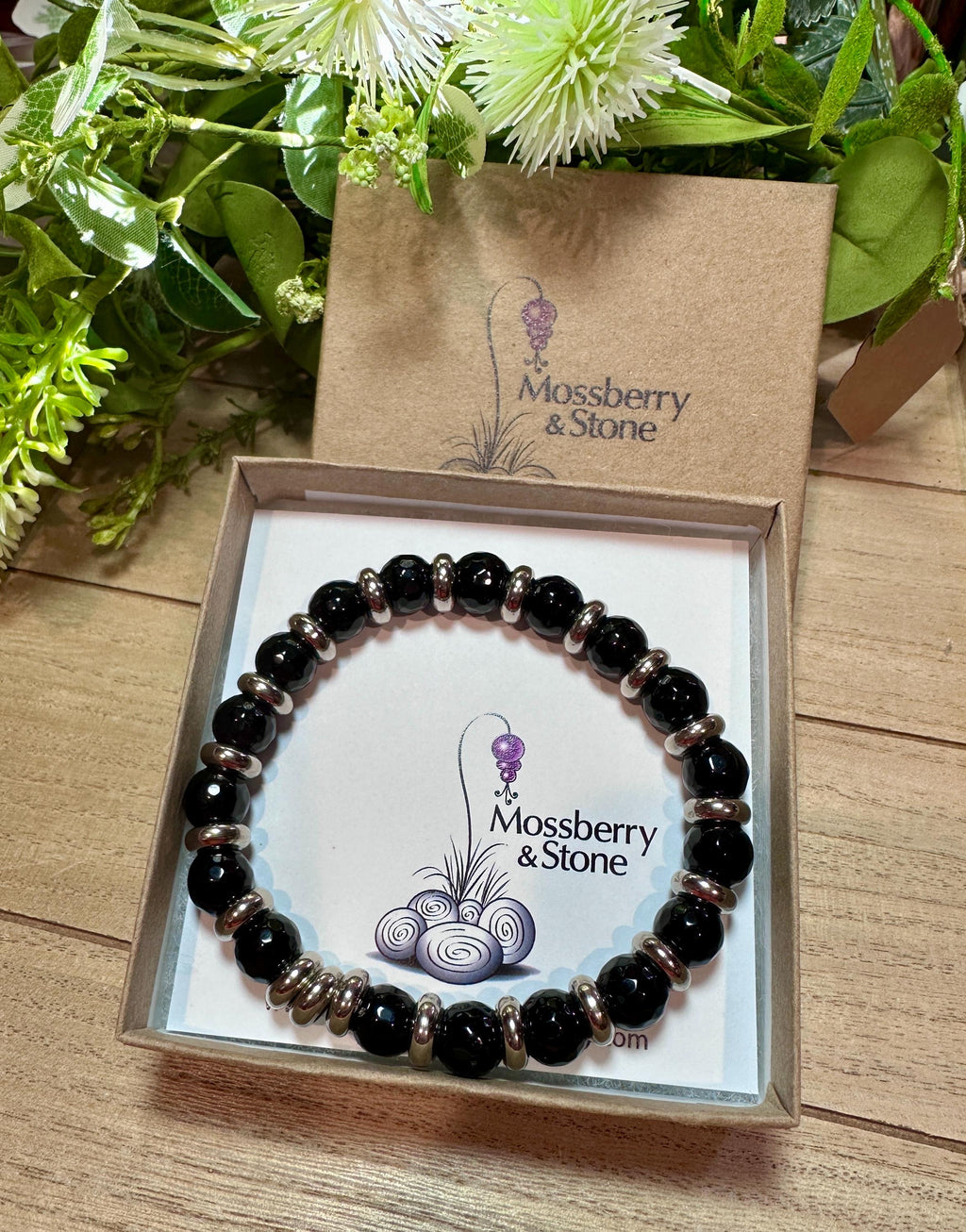 MossberryandStone Mens Onyx Stretch Bracelet 10mm Micro-Faceted Beads