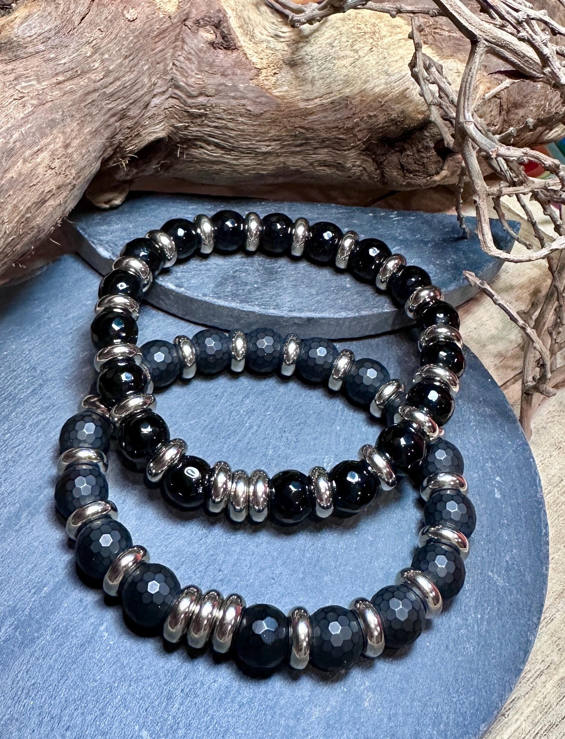 MossberryandStone Mens Onyx Stretch Bracelet 10mm Micro-Faceted Beads