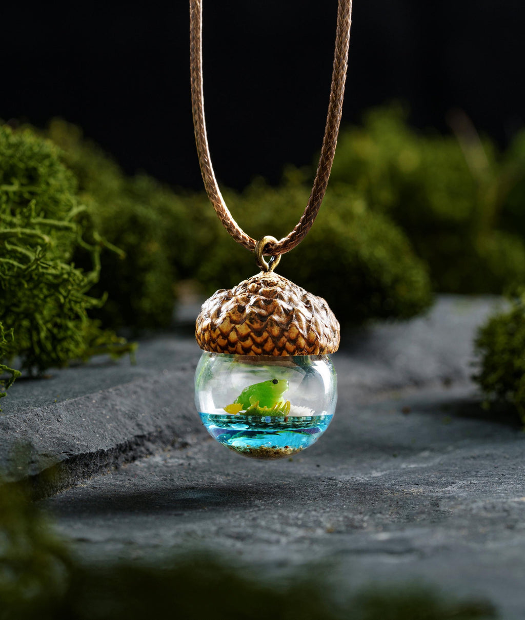 TinyNatureWorks Acorn Pendant Necklace With Mushroom Frog Resin Jewelry