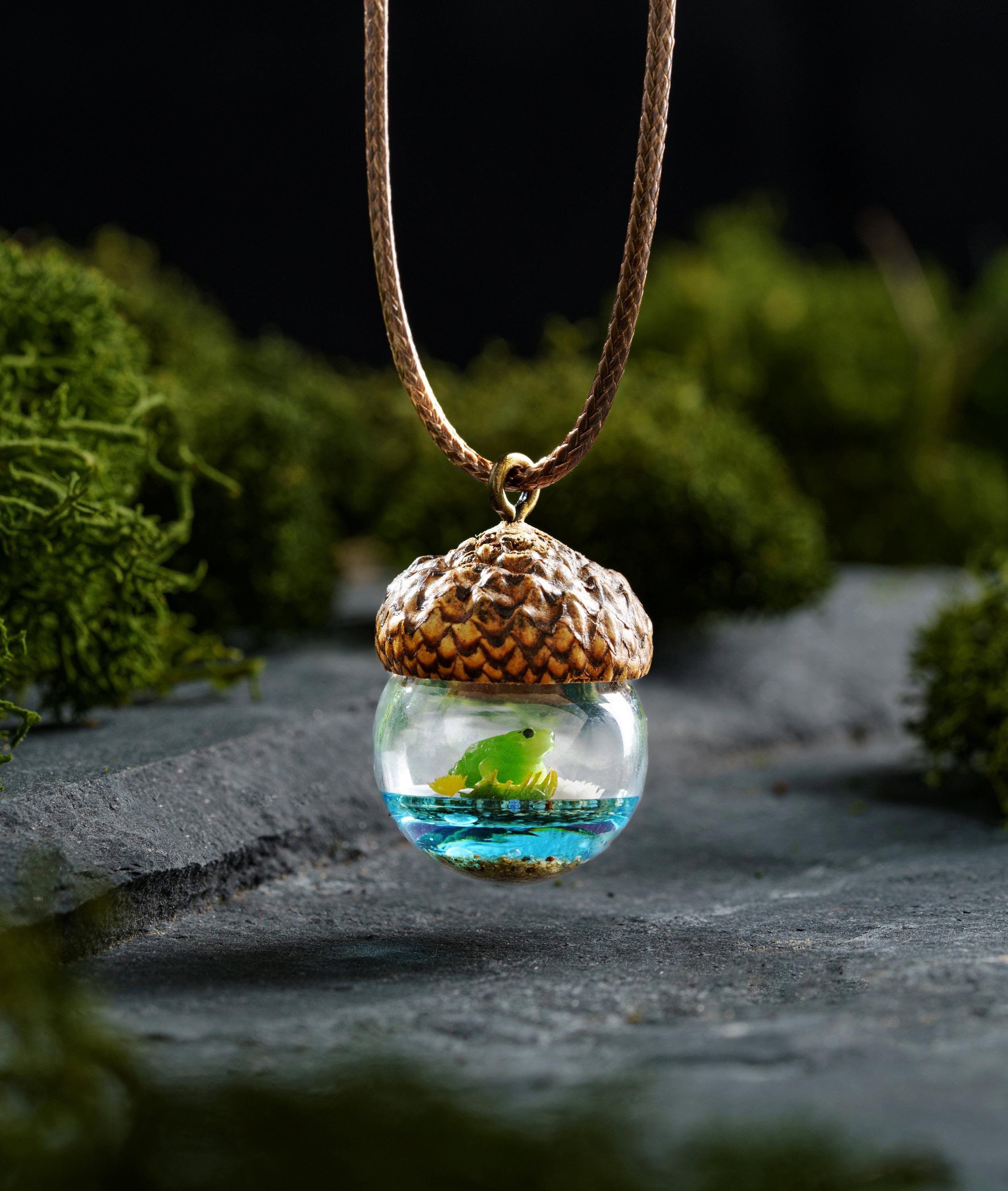TinyNatureWorks Acorn Pendant Necklace With Mushroom Frog Resin Jewelry