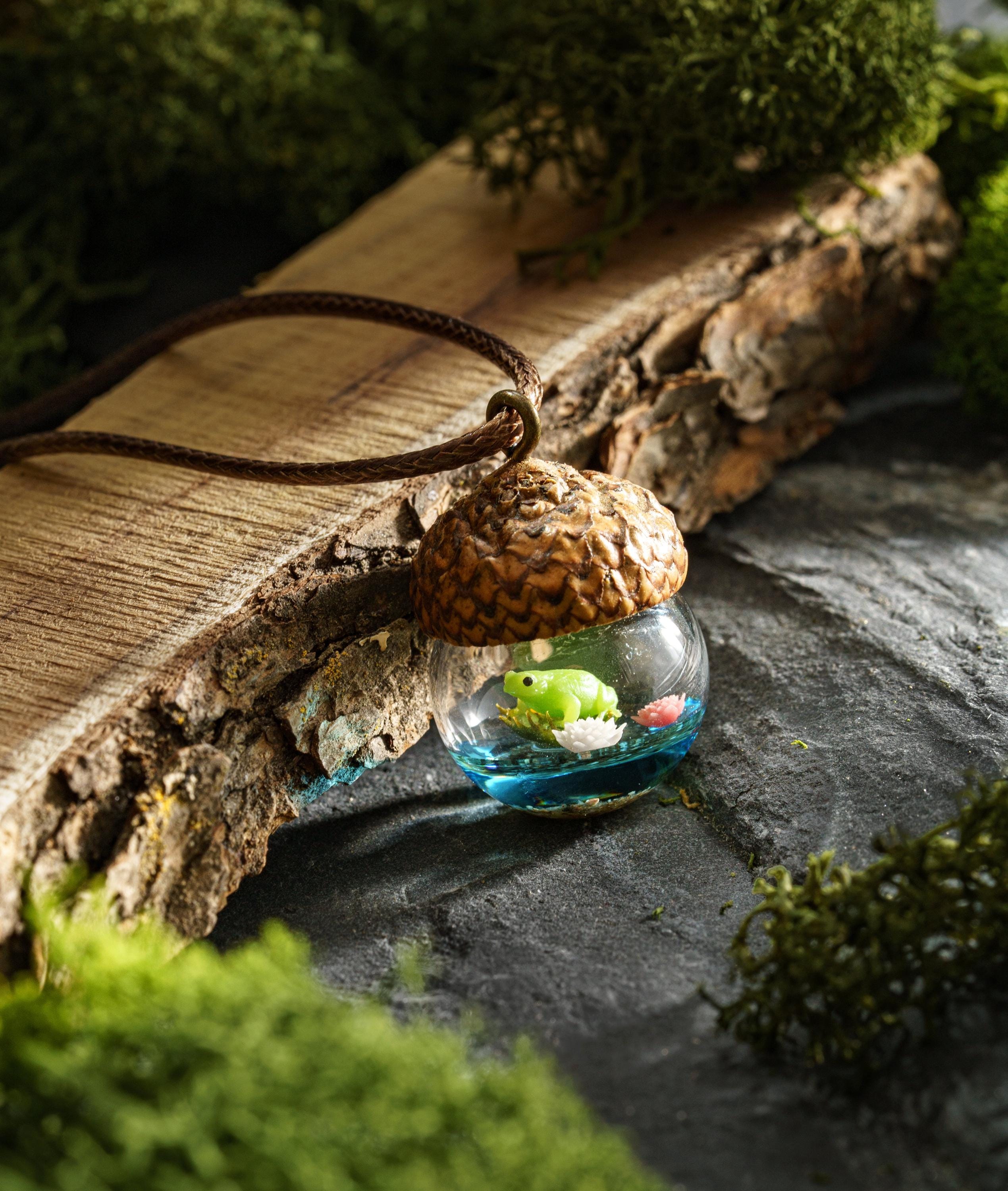TinyNatureWorks Acorn Pendant Necklace With Mushroom Frog Resin Jewelry