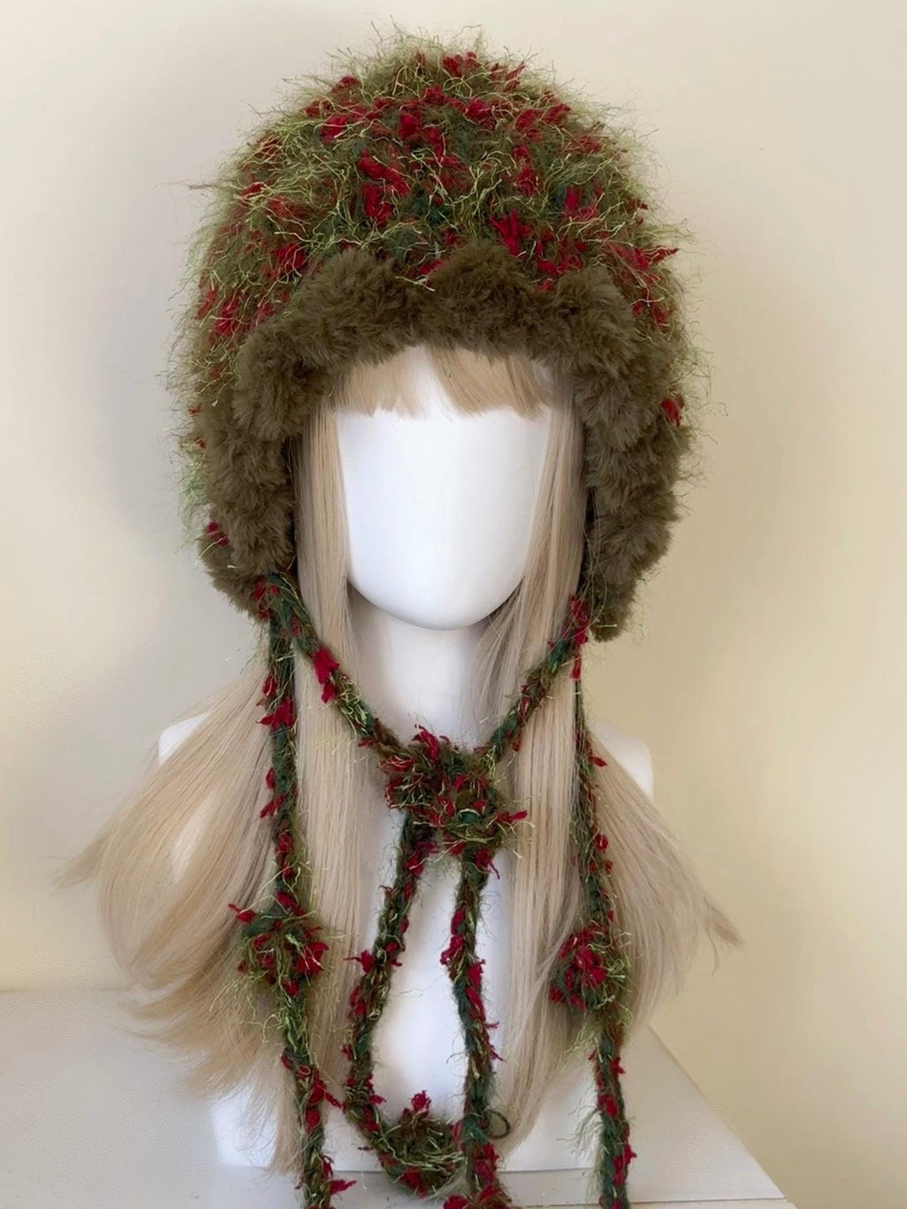 Handmade Festive Crochet Hood Red Green Floral Fairy Tassel