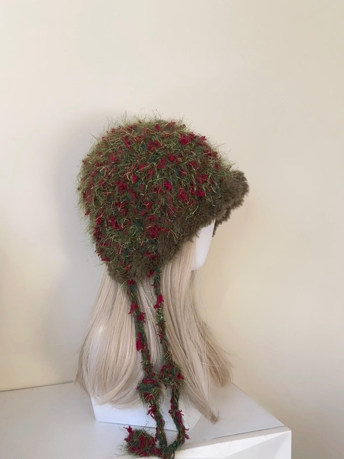 Handmade Festive Crochet Hood Red Green Floral Fairy Tassel