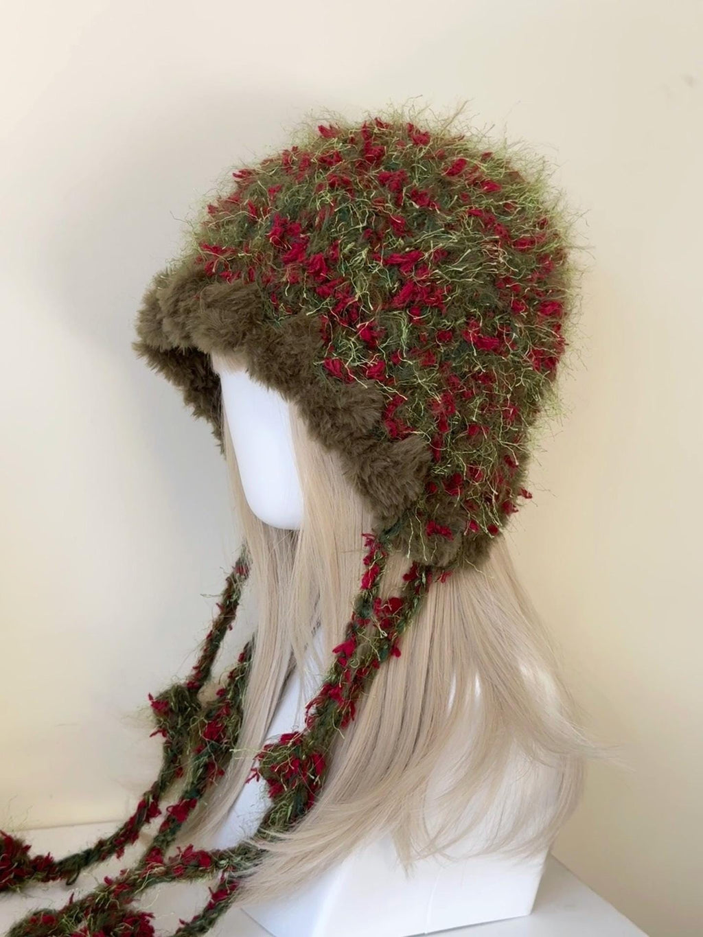 Handmade Festive Crochet Hood Red Green Floral Fairy Tassel