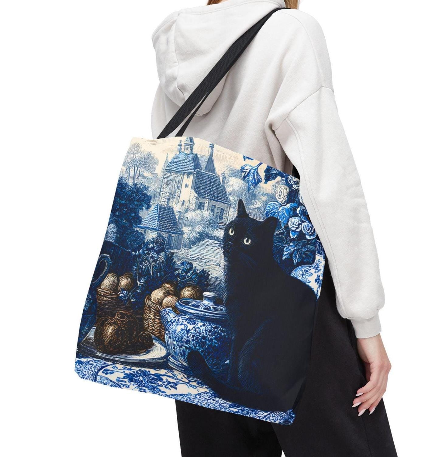 LELORESTORE Black Cat Toile Tote Bag Blue Shoulder Bag