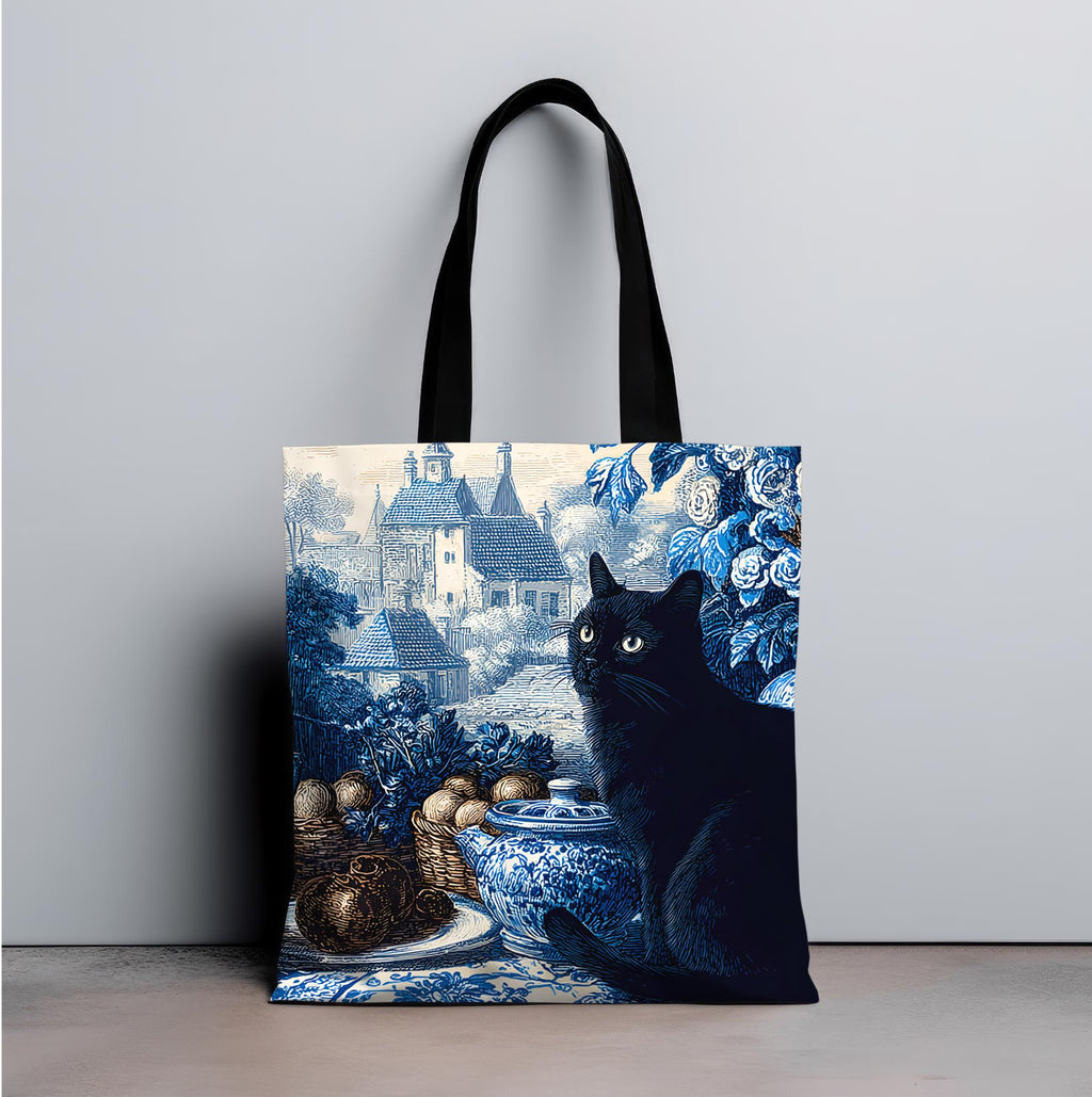 LELORESTORE Black Cat Toile Tote Bag Blue Shoulder Bag