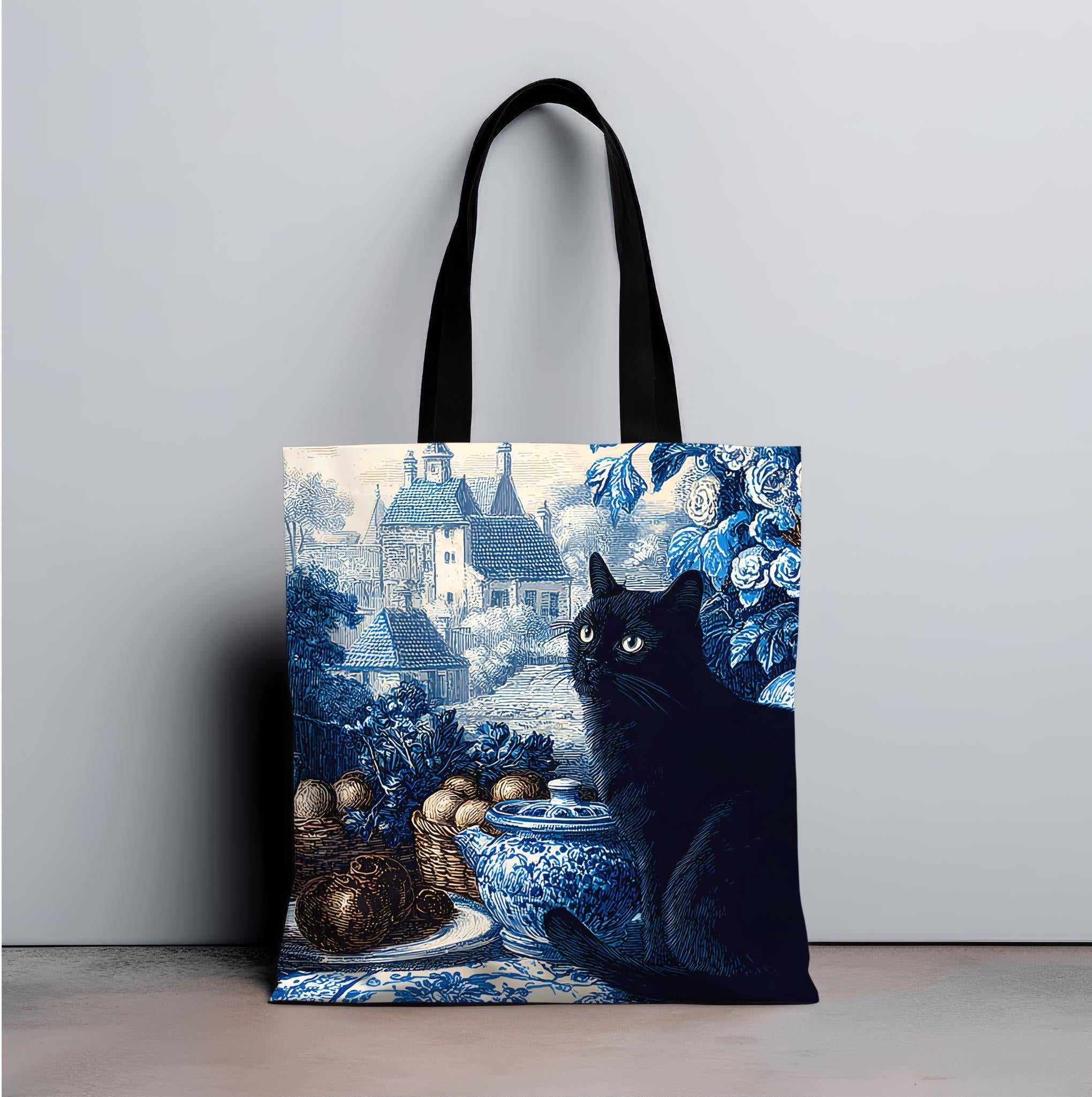 LELORESTORE Black Cat Toile Tote Bag Blue Shoulder Bag