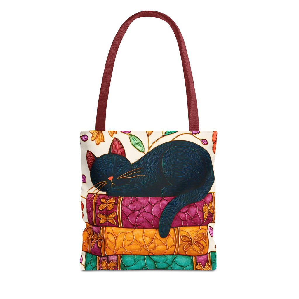 LELORESTORE Black Cat Sleeping on Books Tote Bag Stained Glass Look