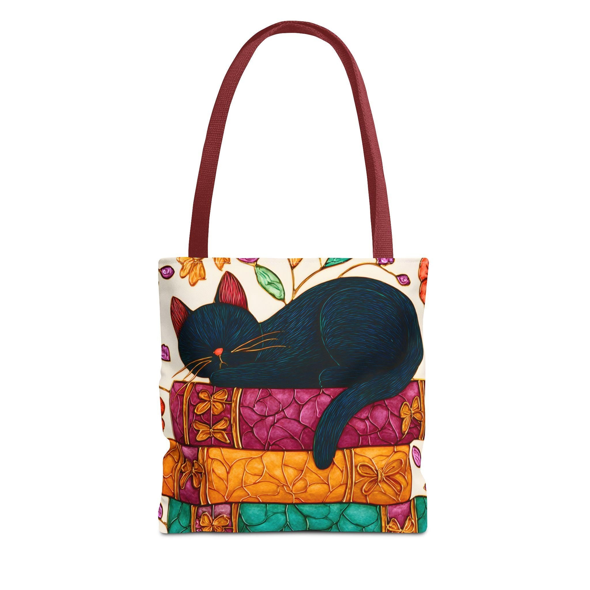 LELORESTORE Black Cat Sleeping on Books Tote Bag Stained Glass Look