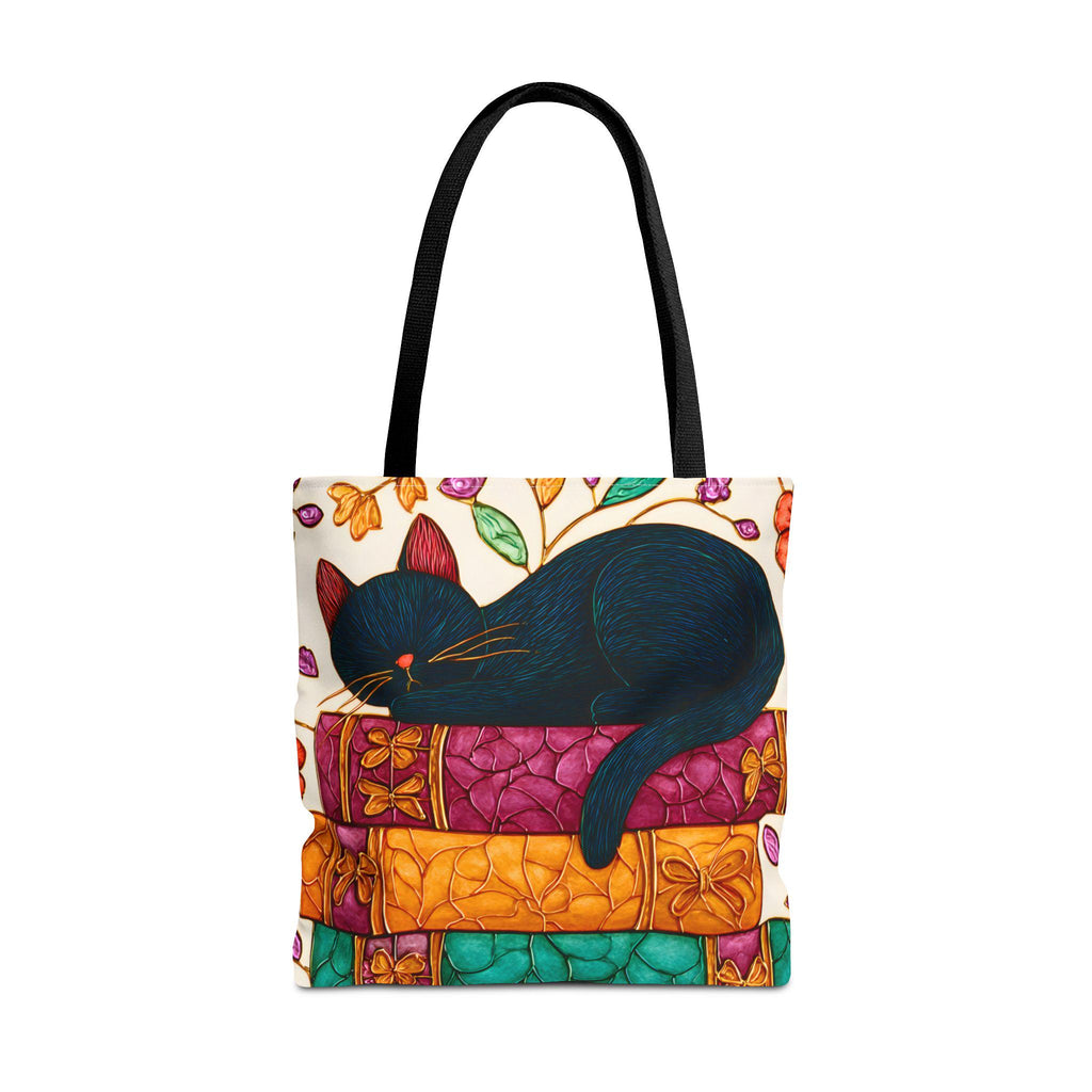 LELORESTORE Black Cat Sleeping on Books Tote Bag Stained Glass Look