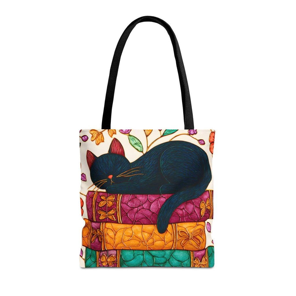 LELORESTORE Black Cat Sleeping on Books Tote Bag Stained Glass Look