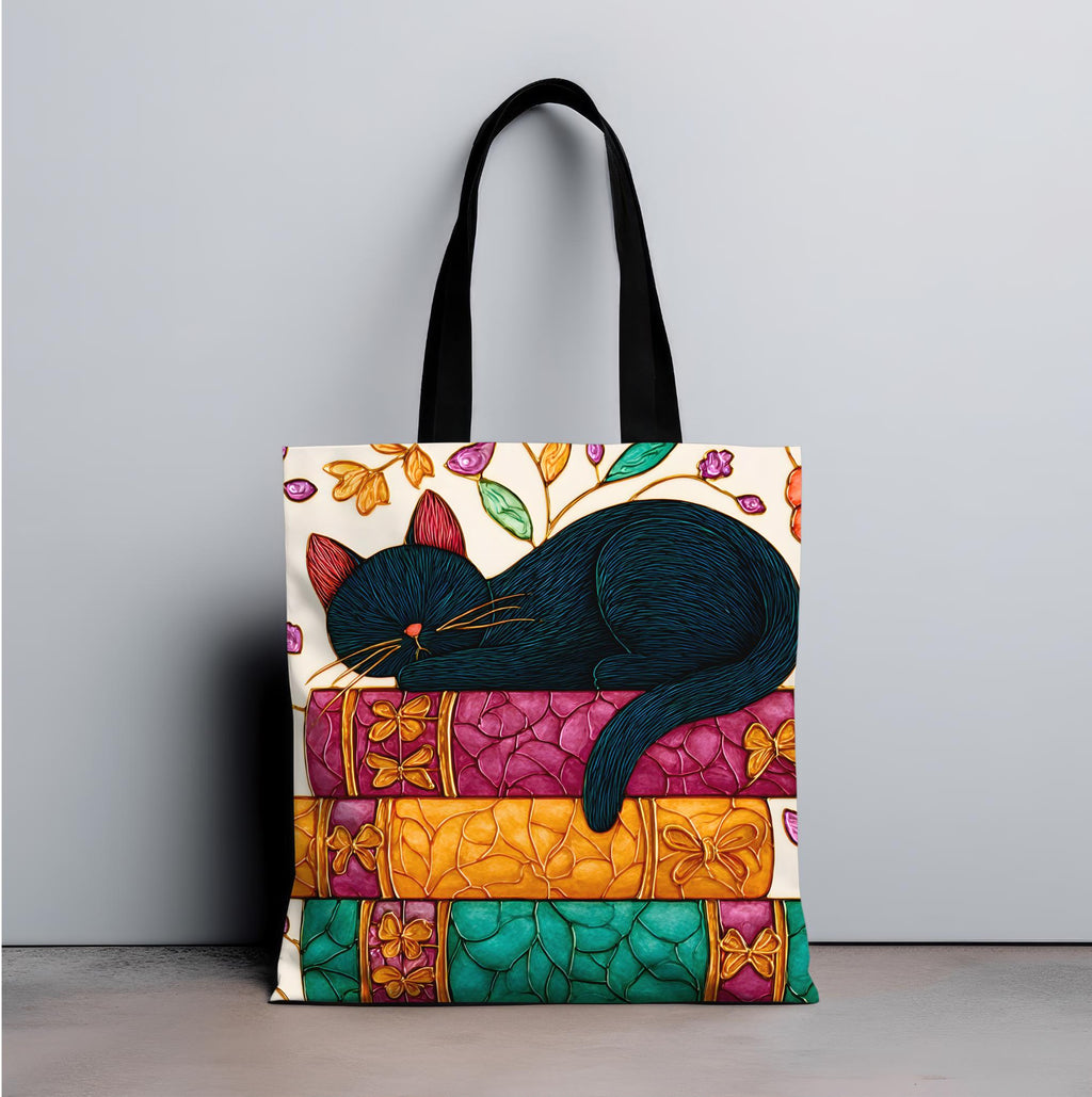 LELORESTORE Black Cat Sleeping on Books Tote Bag Stained Glass Look