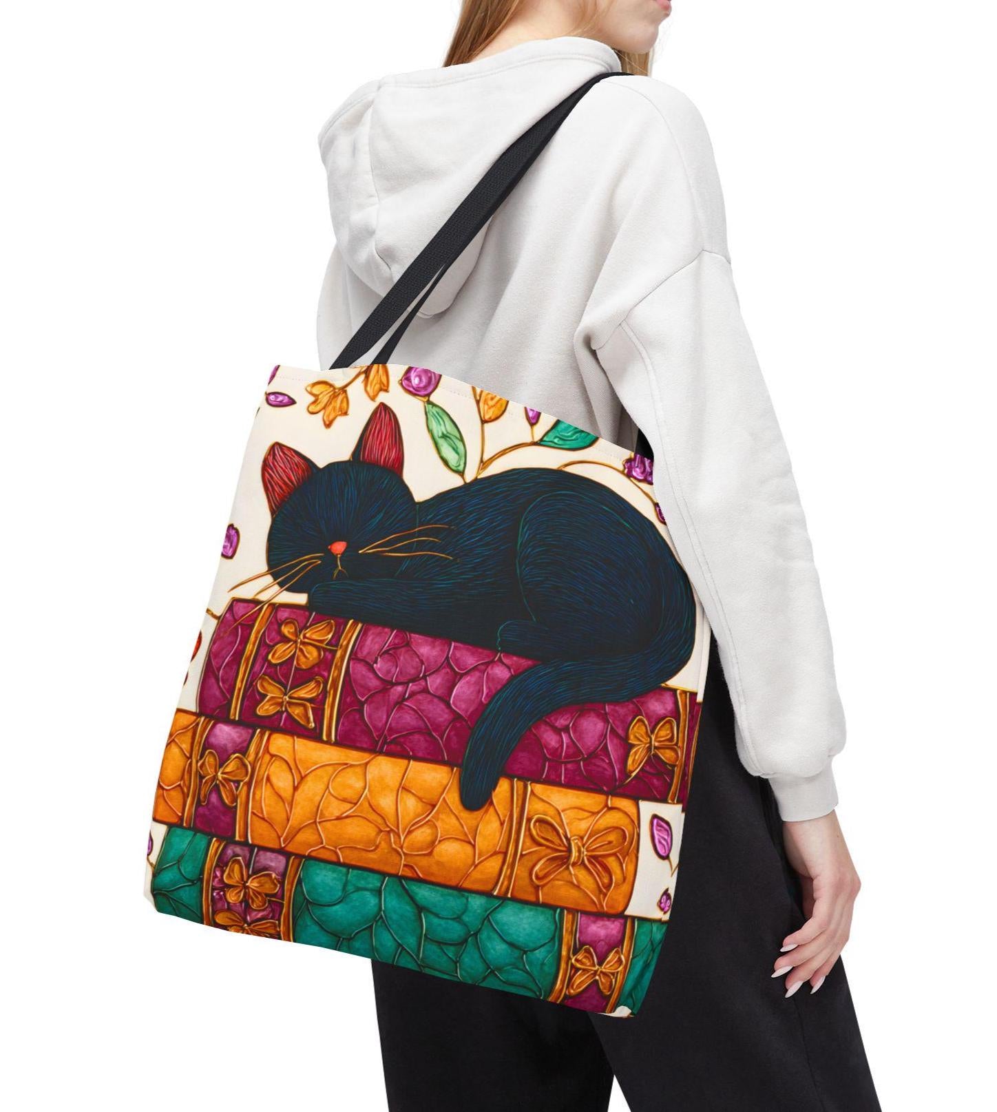 LELORESTORE Black Cat Sleeping on Books Tote Bag Stained Glass Look