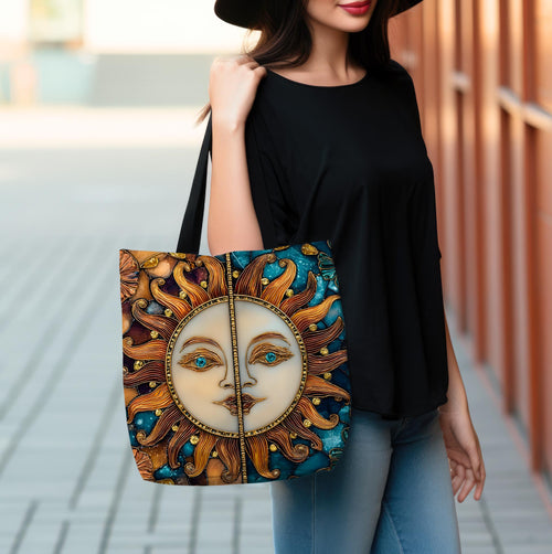 Celestial Sun & Moon Tote Bag, Stained Glass Effect, Cosmic Boho