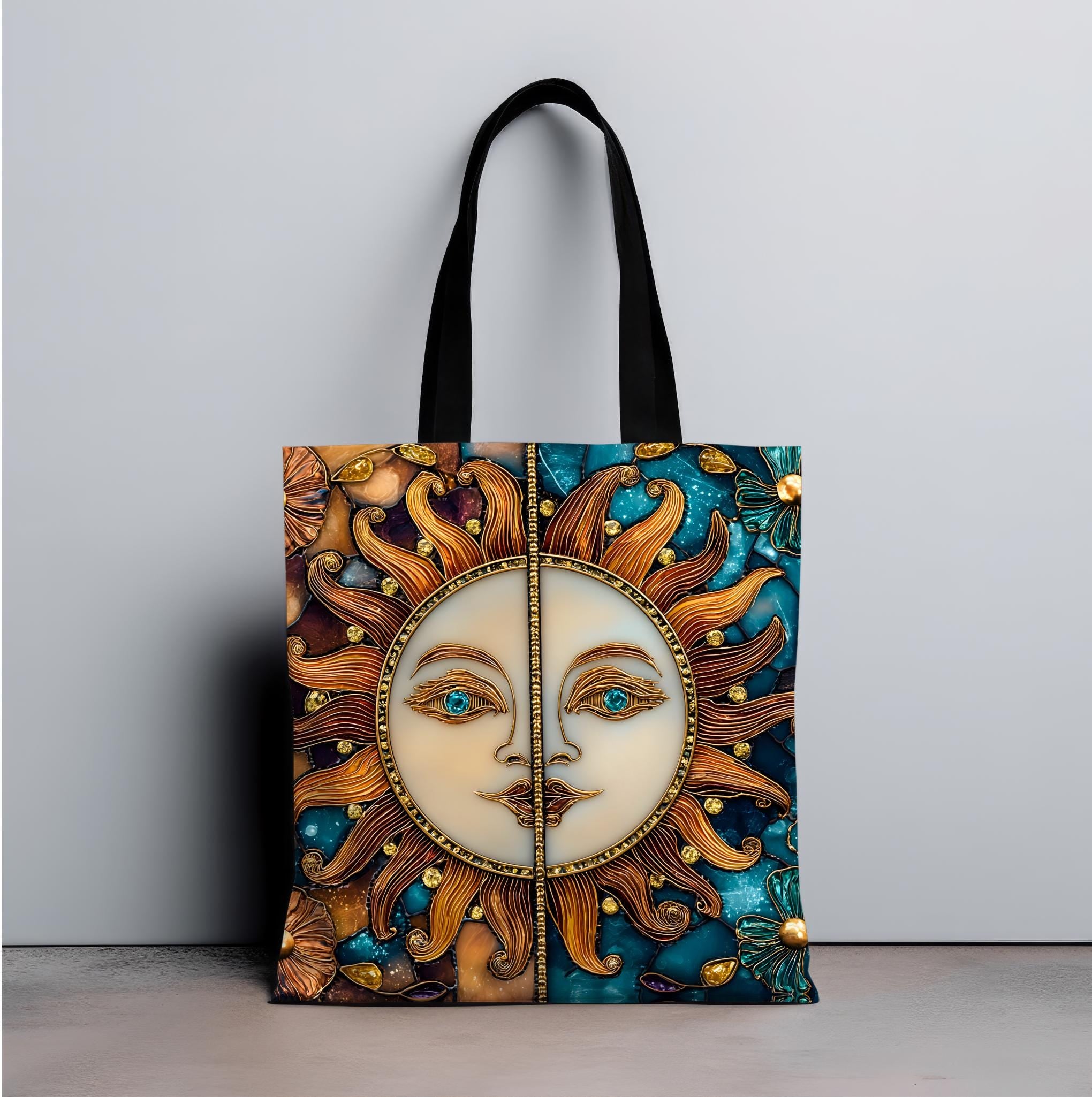 Celestial Sun & Moon Tote Bag, Stained Glass Effect, Cosmic Boho
