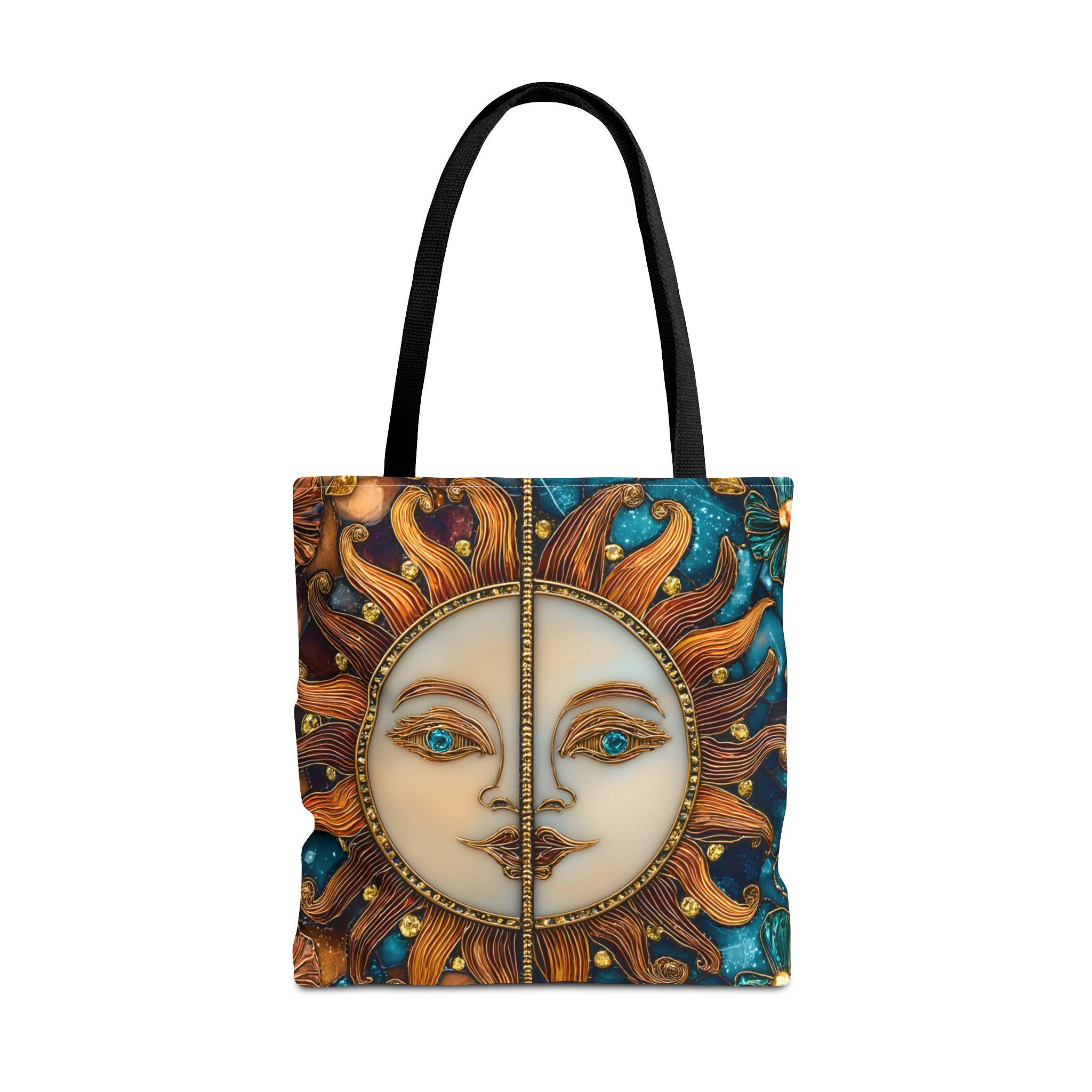 Celestial Sun & Moon Tote Bag, Stained Glass Effect, Cosmic Boho