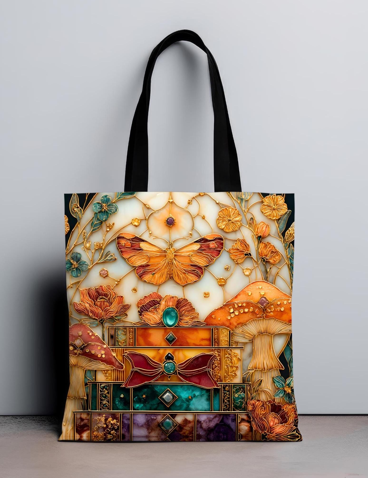 LELORESTORE Cottagecore Floral Tote Bag Moth and Mushroom Design