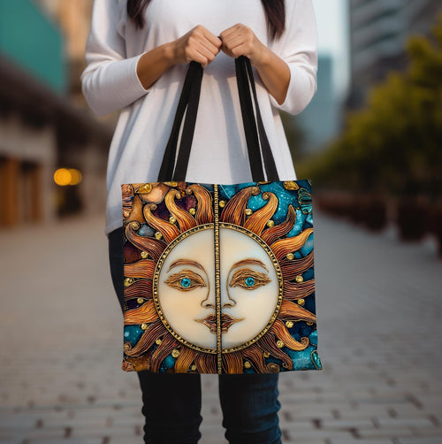 Celestial Sun & Moon Tote Bag, Stained Glass Effect, Cosmic Boho